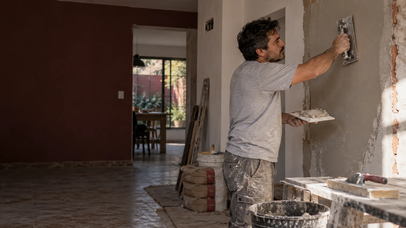 Trabajador alisa una pared durante una reforma interior
